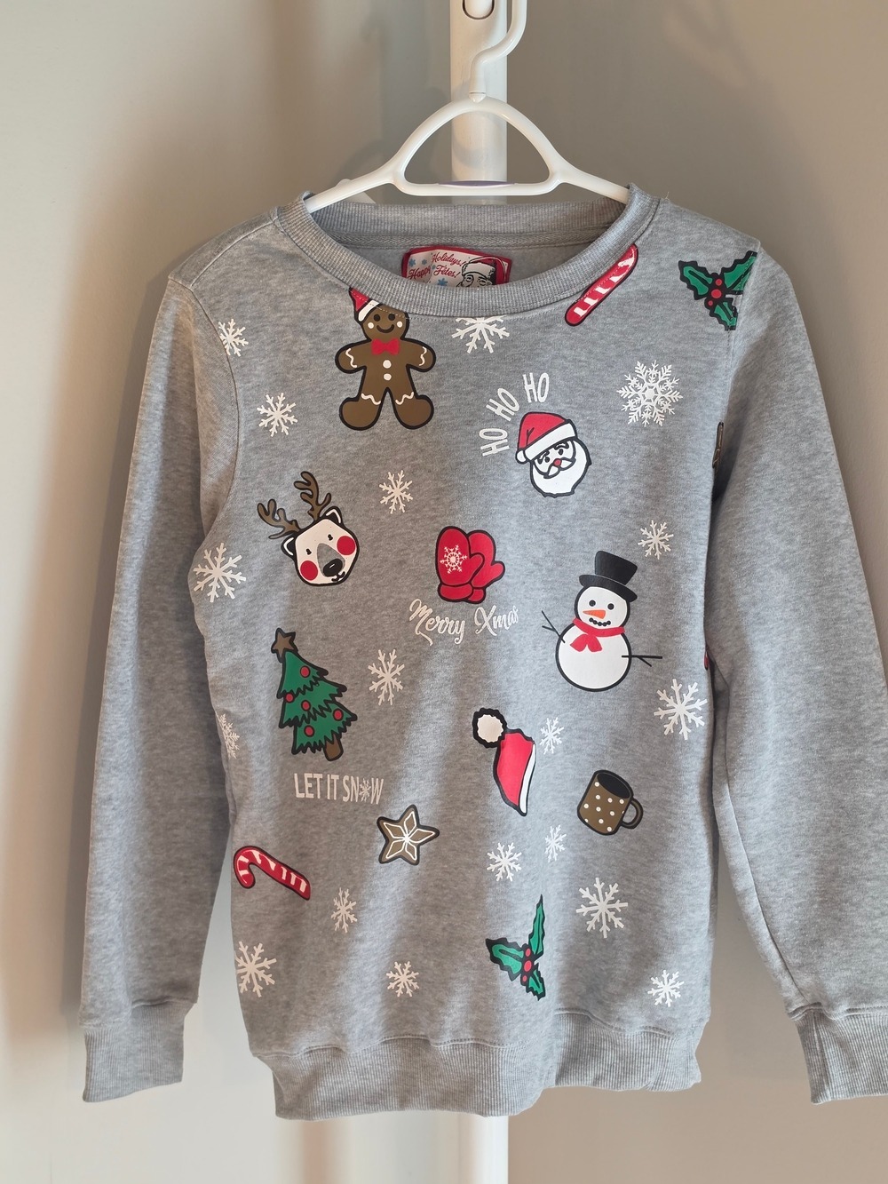 Crew Neck Gray Holiday Sweatshirt with Festive Icons